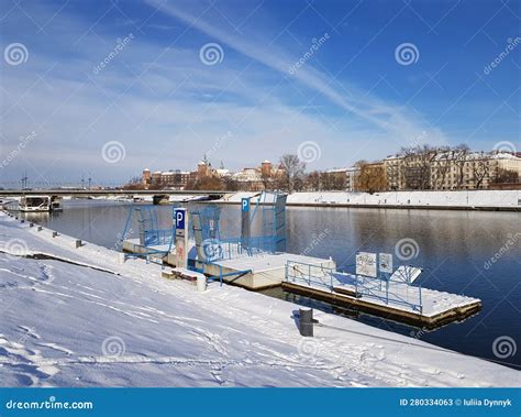 krakow poland 2021 water tram stop grunwald bridge on the vistula river in krakow editorial