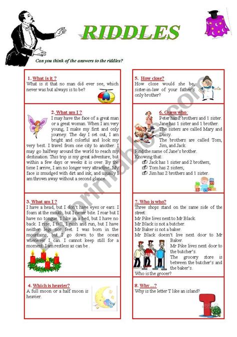 Solving riddles or puzzles is not only exciting, but amusing too. Funny RIDDLES (including answer key) - ESL worksheet by ...