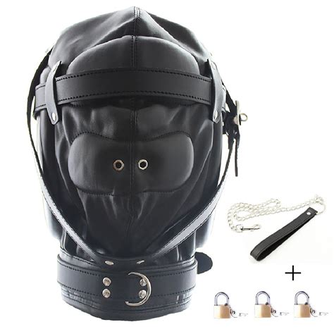 Leather Costume Head Mask Hood Black Sealed Soft Leather Full Face