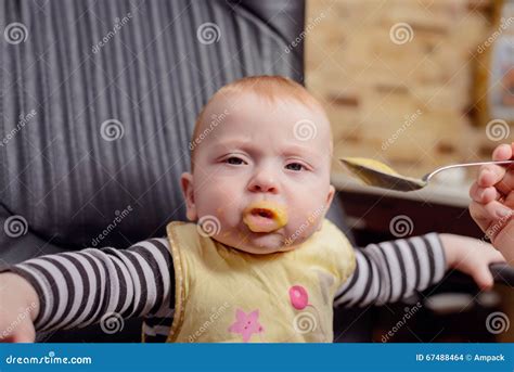 Adorable Baby On Chair Eating Porridge Food Stock Photo Image Of