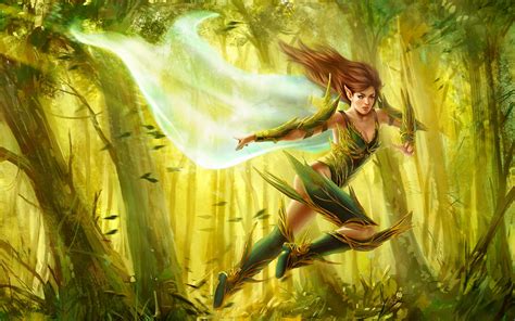 Mythology Elf Girl Red Hair Forest The Wind Running Elf Fantasy Art Hd