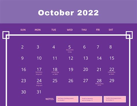 October 2022 Calendar Purple