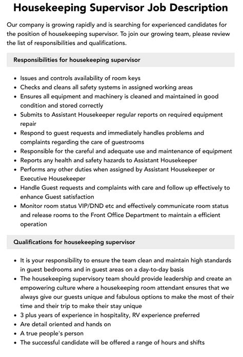 Housekeeping Supervisor Job Description Velvet Jobs