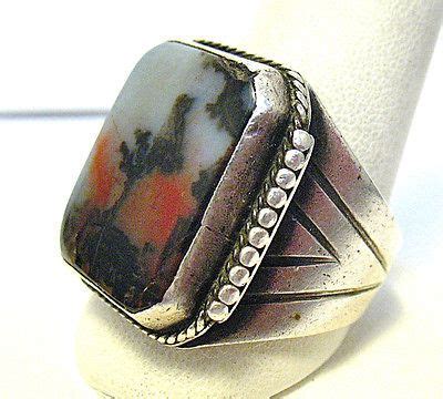 WIDE STERLING SILVER MOSS AGATE RING SIZE 13.5 SIGNED 17.6 GRAMS SIGNED