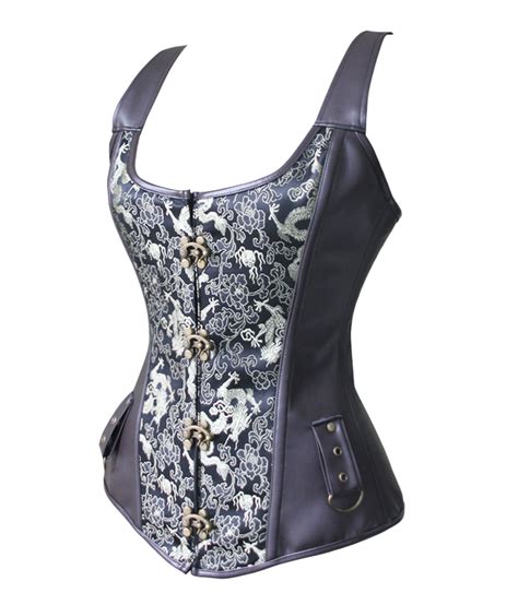 Steel Boned Gothic Vintage Brown Faux Leather Square Neck Bustier Corset N11185