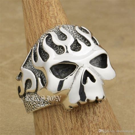 Linsion Huge Heavy 925 Sterling Silver Fire Skull Mens Biker Rocker