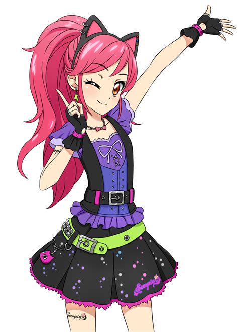 An Anime Character With Pink Hair And Black Dress Holding Her Hand Up