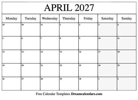 April 2027 Calendar Free Blank Printable With Holidays