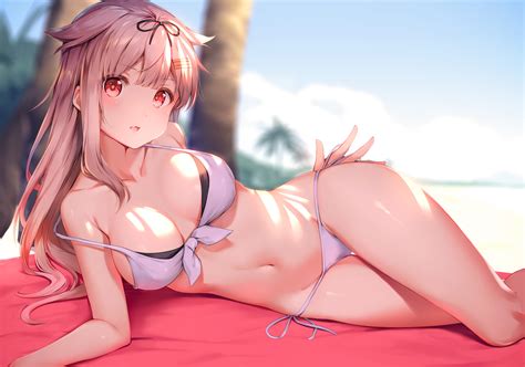 fondos de pantalla yuudachi kancolle ojos rojos rubia pelo largo bikini playa colmillo