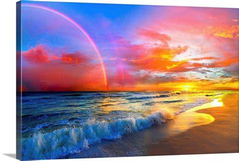 Pink Sunset Beach With Rainbow And Ocean Waves Wall Art