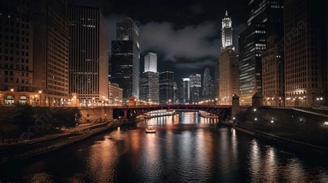 Chicago River At Night In City Background Chicago Illinois Picture