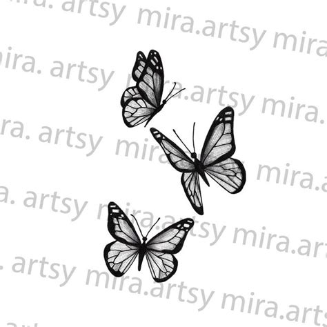 Three Butterflies Flying Drawing Scan Digital Download