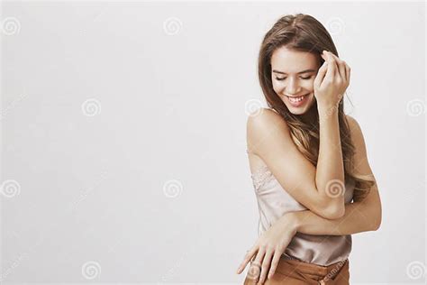 Confident And Tender Female Blushing From Compliments Portrait Of Flirty Sensual Feminine Woman