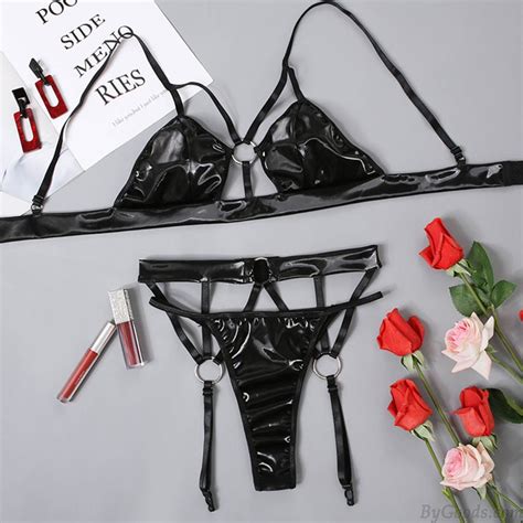 Sexy Faux Patent Leather Rings Gather Tights Bra Panty Garter Belt 3 Piece Set Nightclub Tights