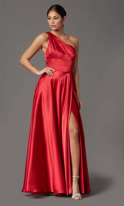 One Shoulder Satin Long Red Prom Dress Promgirl