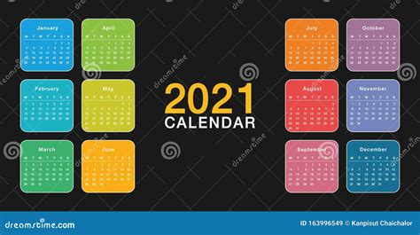 Colorful Year 2021 Calendar Horizontal Vector Design Template Simple