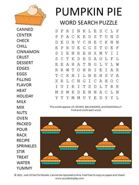 Pumpkin Pie Word Search Puzzle Puzzles To Play