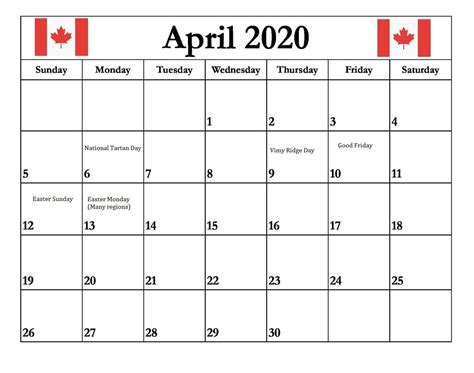 Canada April 2020 Holidays Calendar Holiday Calendar Happy Canada