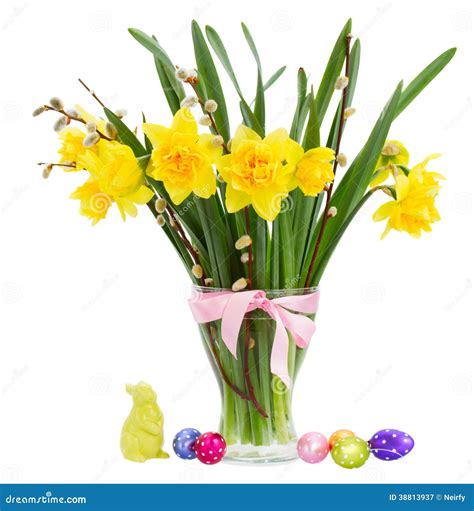 Bouquet Of Daffodils Flowers With Easter Eggs Stock Image Image Of