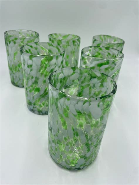 Hand Blown Mexican Glassware Green White Tumbler Glass Set Of Etsy