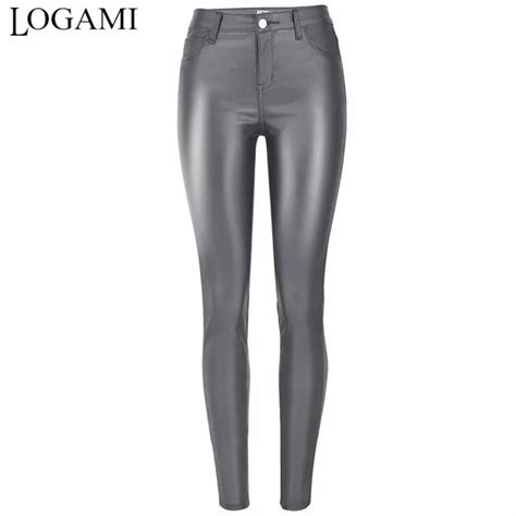 Logami Faux Leather Pants Women Grey High Waist Pu Pencil Pants Female