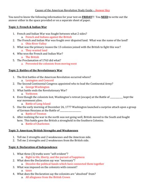 Causes Of The American Revolution Study Guide Answer Key You
