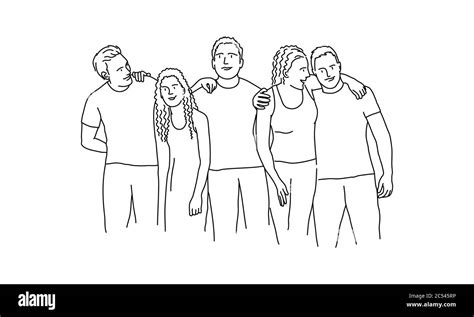 Line Drawing Of Friends Are Standing And Embracing Vector Illustration