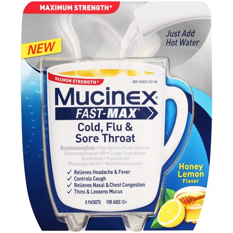 Check spelling or type a new query. MUCINEX Fast-Max Maximum Strength Honey Lemon Flavor Cold Flu & Sore Throat 8 CT PACK - Health ...