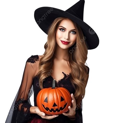 Beautiful Girl Dressed Up In Red Costume Like A Witch Holding Carved Pumpkin In Halloween Party