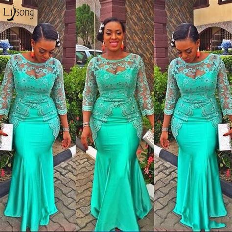 Turquoise African Mermaid Evening Dress 2018 Vintage Lace Nigeria Long