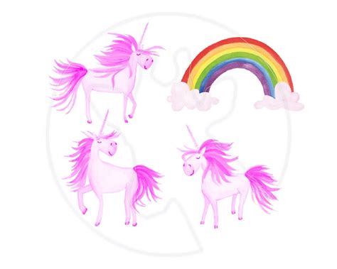 Hot Pink Unicorn Watercolor Clipart Watercolor Rainbow Etsy