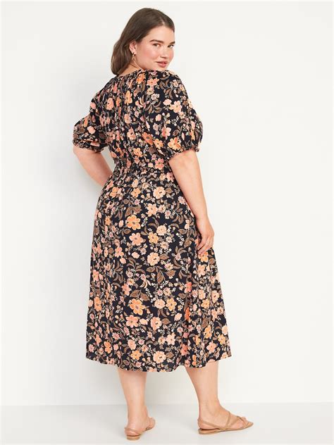 Waist Defined Puff Sleeve Floral Print Smocked Midi Dress For Women