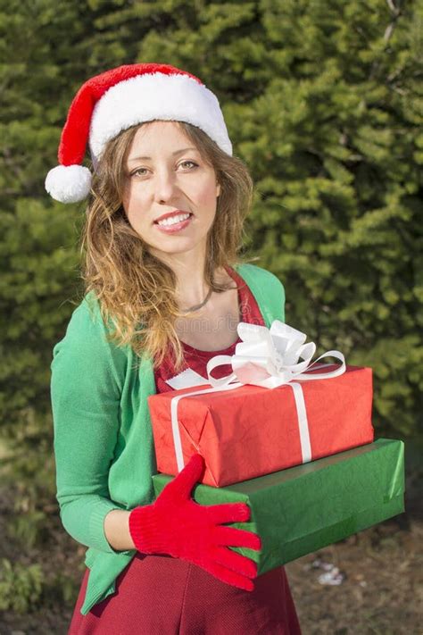 Beautiful Santa Claus Girl With Christmas Presents Stock Image Image