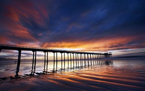 Bridge Sunset Sea Landscape Pier Reflection Wallpapers Hd