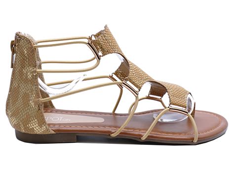 Ladies Gold Flat Strappy Zip Up Gladiator Summer Sandals Flip Flop