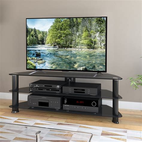 Corliving Laguna Glass And Satin Black Metal Tv Stand For Tvs Up To 65