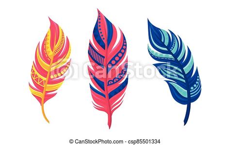 Decorative Curved Feathers As Avian Plumage Vector Set Fluffy Stylized