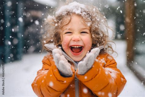 Young Caucasian Girl Laughing And Standing Outside In The Snow Catching