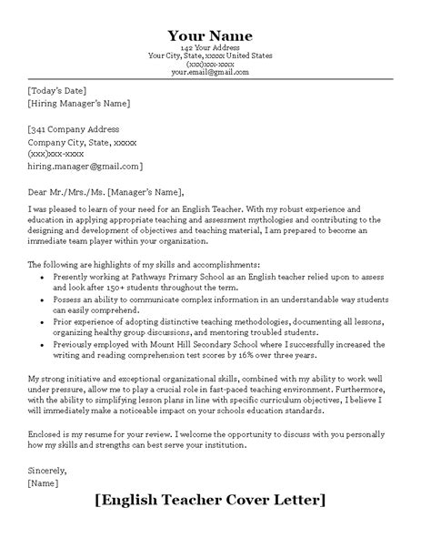 Teacher Cover Letter For Cv
