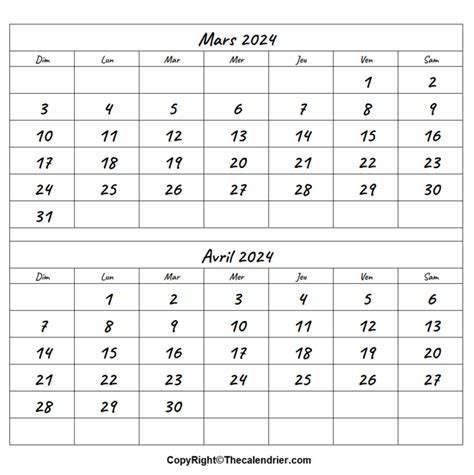 Calendrier Mois Mars Avril 2024 a Imprimer - The Calendrier