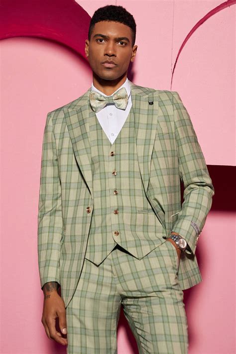 stacy adams men s plaid suit with paisley vest and bow tie sage green