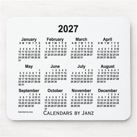 2027 White Calendar By Janz Mouse Pad Zazzle