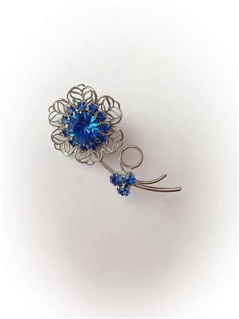 Vintage Blue Rhinestone Flower Brooch Silver Tone Metal Etsy