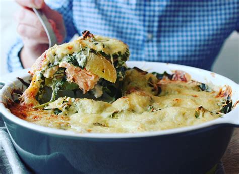Ovenschotel met zalm patatjes en spinazie