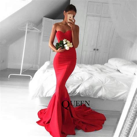 Red Satin Sweetheart Mermaid Sweep Train Long Prom Dress With Backless · Queenparty · Online