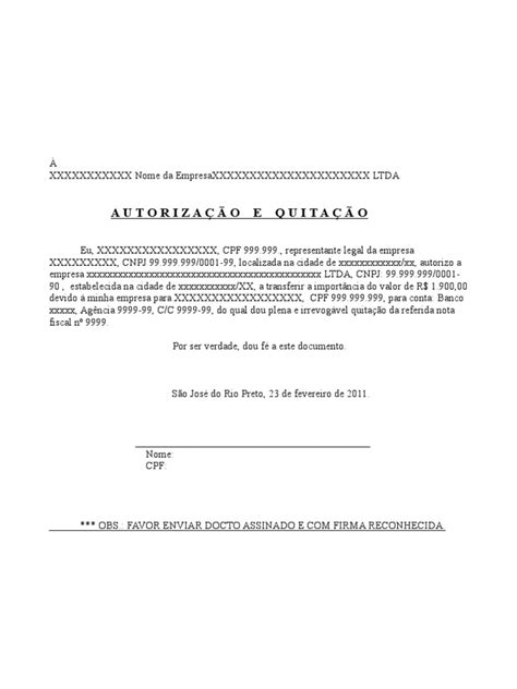 Autorização De Pagamento Em Conta De Pessoa Fisica E Quitação