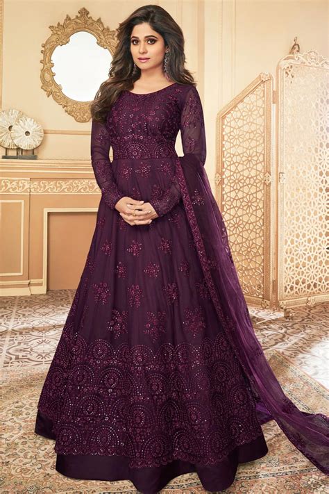 Buy Burgundy Purple Embroidered Anarkali Suit With Net Dupatta Online