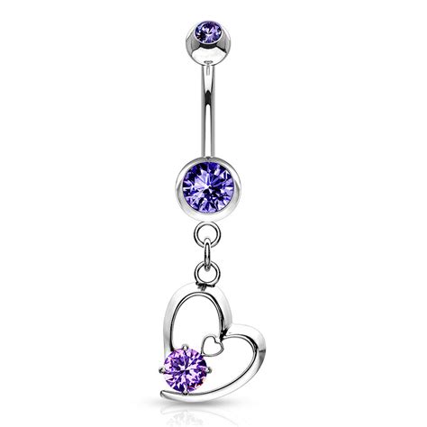 Dangling Silver Crystal Heart Belly Button Ring Purple Cherry Diva