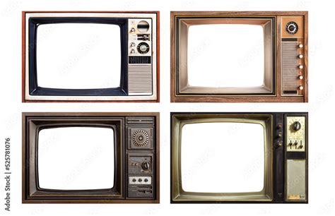 Old Retro Tv Set Isolated On White Background Mix Four Vintage