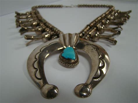 Rare Sterling Silver Native Indian Turquoise Squash Blossom Necklace